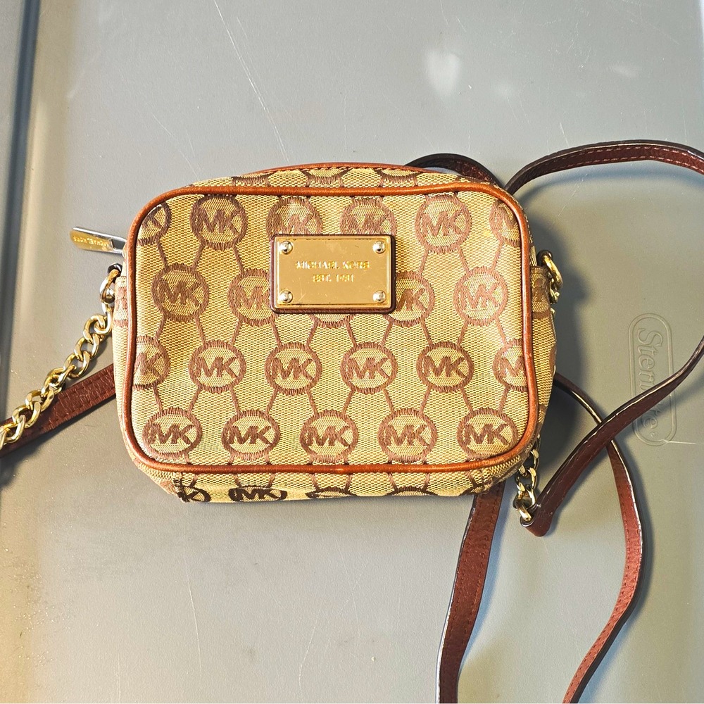 Michael Kors Beige/Brown MK Logo Small Zip Crossbody Bag, Detachable Strap, Gold